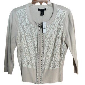 White House Black Market NWT Ivory Lace Front Zip Short Rivet Cadigan Size M